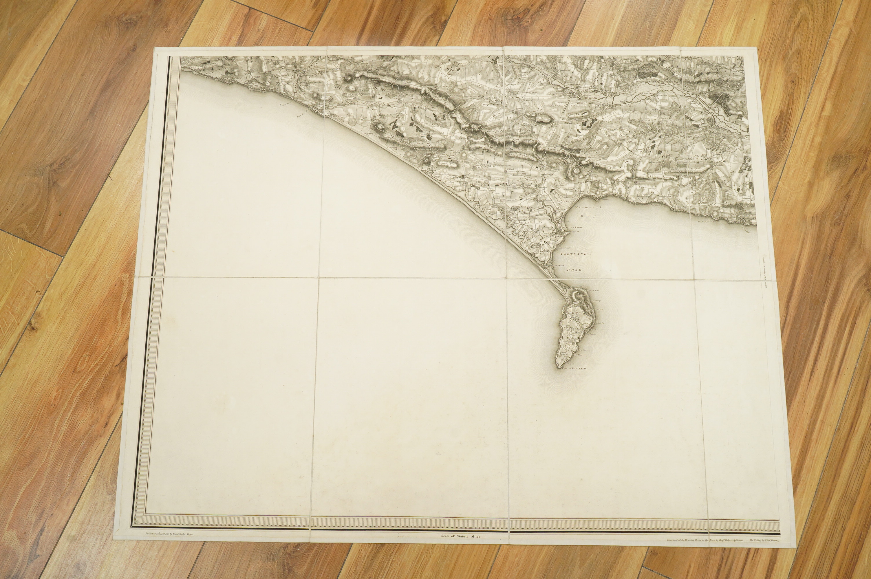 Ordnance Survey maps of Dorset, comprising of a set of four engraved maps mounted on linen, including sheet no.s; 15, 16, 17, and 18, engraved by Benjamin Baker at the Drawing Room in the Tower, and published by Lt. Col.